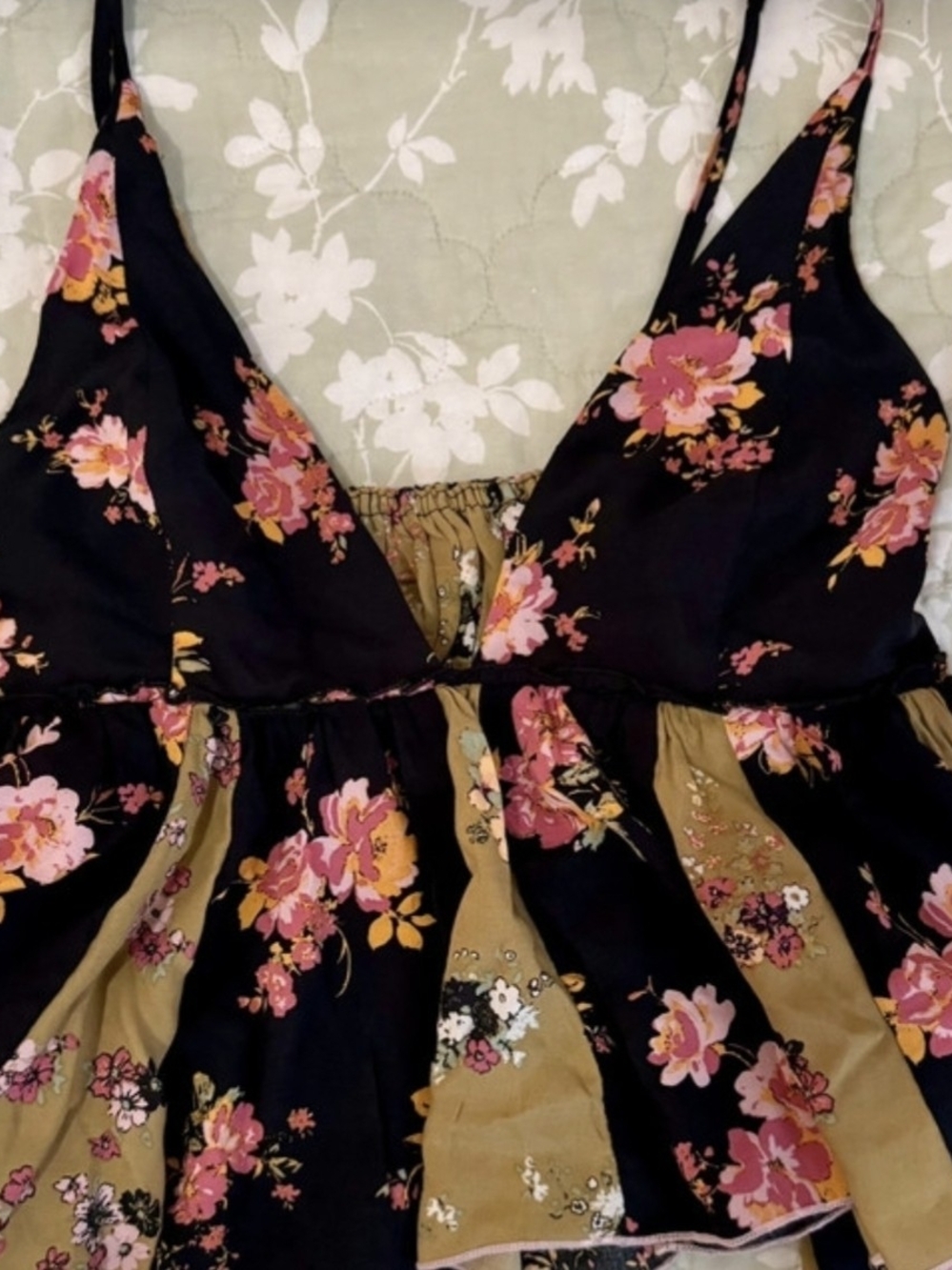 Free People Black Floral Cropped Tank with Pink and Mustard Panels